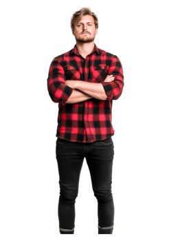Confident Young Man in Red and Black Checkered Flannel Shirt png