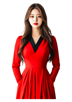 Elegant Woman in Red Dress with Long Hair and Confident Stance png