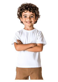Happy smiling boy with curly hair in plain white t-shirt png