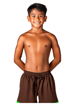 Young Boy Smiling with Confidence in Swim Shorts on Isolated Background png
