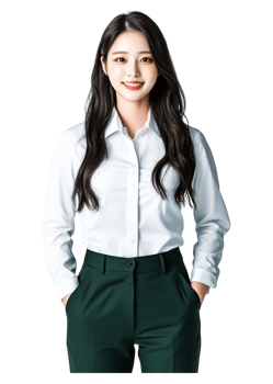 Professional Young Woman in White Shirt and Dark Pants Smiling Confidently png