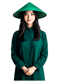 Young Woman in Traditional Green Dress and Conical Hat Smiling png