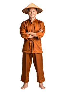 Traditional Asian Man in Orange Outfit with Hat Standing Confidently png