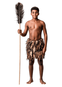 Young Boy in Traditional Attire Holding Spear Against png