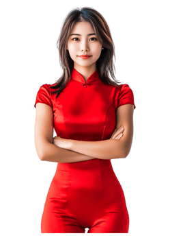 Confident Woman in Red Dress with Arms Crossed on a Solid Background png