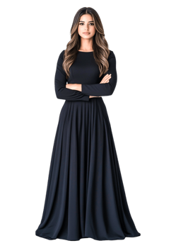 Elegant Woman in Long Black Dress with Stylish Pose and Expression png