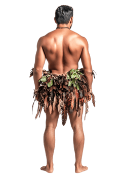 Indigenous Man in Leaf Skirt Standing Against a Neutral Background png