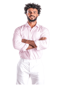 Confident man with curly hair wearing pink shirt and white pants png