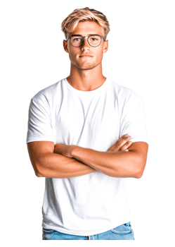 Young Man with Stylish Hair and Glasses in Casual White T-Shirt png