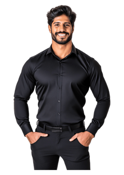 Confident man in black shirt and trousers posing with a smile png