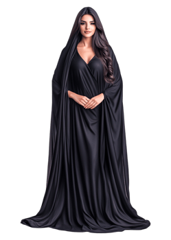 Elegant Woman in Black Draped Fabric Garment with Long Hair png