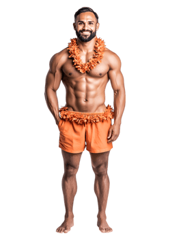 Fit Man in Orange Swimwear with Floral Lei on Isolated Background png