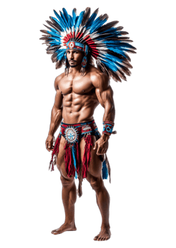 Muscular Indigenous Man in Colorful Feather Headdress and Attire png