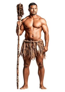 Strong Man in Traditional Attire Holding Spear, Isolated on White png