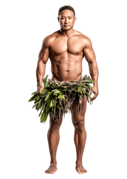 Strong Man in Natural Costume Presenting Cultural Heritage png