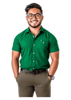 Young man smiling in green shirt with glasses and casual style png