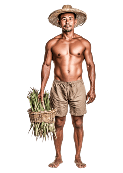 Handsome Man in Straw Hat Holding Basket of Fresh Green Vegetables png