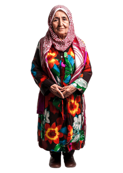 Elderly Woman in Colorful Traditional Attire with Floral Patterns png