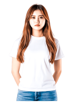 Woman in Plain White T-Shirt with Long Hair and Confident Expression png
