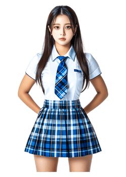 Young Woman in School Uniform with Plaid Skirt and Necktie Pose png