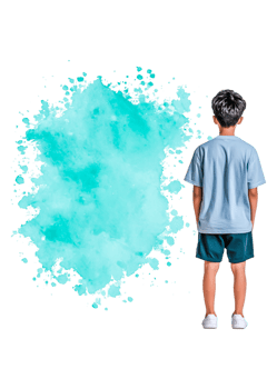 Boy Standing Against a Vibrant Aqua Smoke Background png