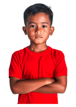 Confident Young Boy in Red Shirt with Arms Crossed Expression png