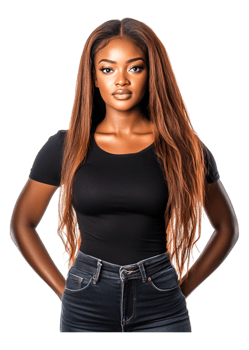 Confident Young Woman with Long Hair in Black Top and Jeans png