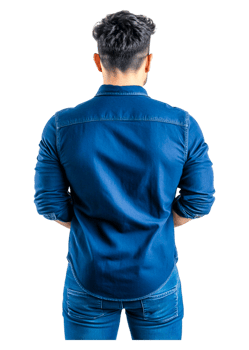 Young man in denim shirt standing with back to camera against white png
