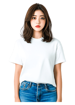 Young woman in casual white t-shirt and blue jeans with neutral expression png