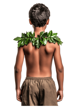Young Boy with Green Leaf Garment on Bare Shoulders in Studio Setting png