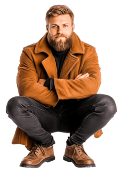 Stylish Man in Brown Coat Squatting Posing for Fashion Photography png