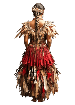 Traditional Dress with Feathered Details and Cultural Significance png