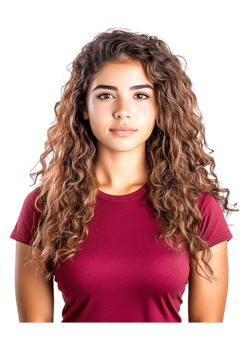 Young Woman with Curly Hair in Maroon Shirt Against png