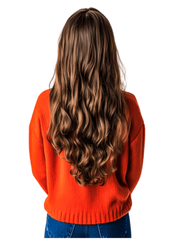 Young Woman with Long Wavy Hair Facing Back in Bright Orange Sweater png