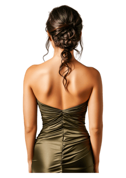 Elegant Woman in Olive Green Dress Showing Back View in Studio png