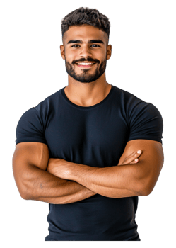 Confident young man with muscular build and friendly smile posing png