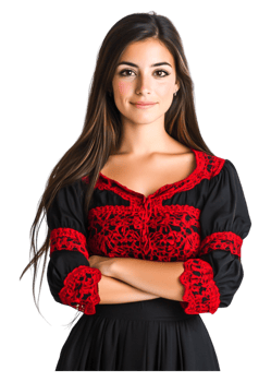 Elegant Young Woman in Traditional Black Dress with Red Embroidery png