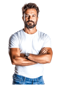 Confident Man with Beard in White T-Shirt and Jeans Standing Proudly png