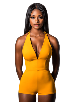 Confident Young Woman in Bright Yellow Outfit with Long Hair png