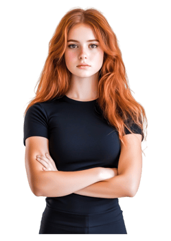 Confident Young Woman with Red Hair and Black Shirt Crossed Arms png