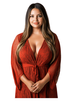 Elegant Woman in Red Dress with Long Hair and Confident Pose png