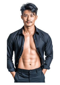 Stylish Man with Defined Abs Posing in Black Shirt and Pants png