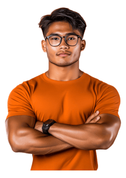 Confident Young Man in Orange Shirt with Crossed Arms and Glasses png