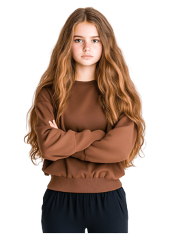 Young Girl with Long Hair in Brown Sweatshirt and Confident Pose png