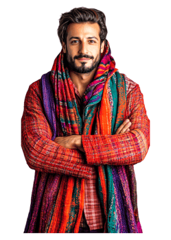 Young man wearing colorful woven shawl with arms crossed confidently png