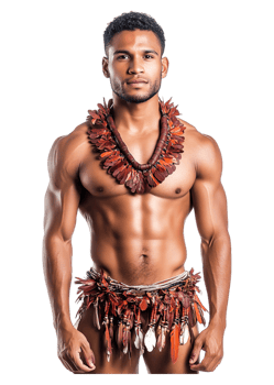 Male model wearing traditional tribal attire with natural elements png