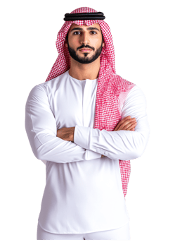 Confident Young Man in Traditional Arabian Attire with Red Headscarf png