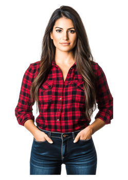 Confident Woman in Red and Black Plaid Shirt with Long Hair png