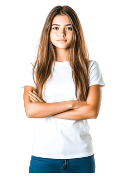 Confident Young Woman with Long Hair in White T-Shirt and Serious Pose png