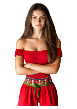 Young Woman in Red Dress with Off-Shoulder Design and Floral Belt png